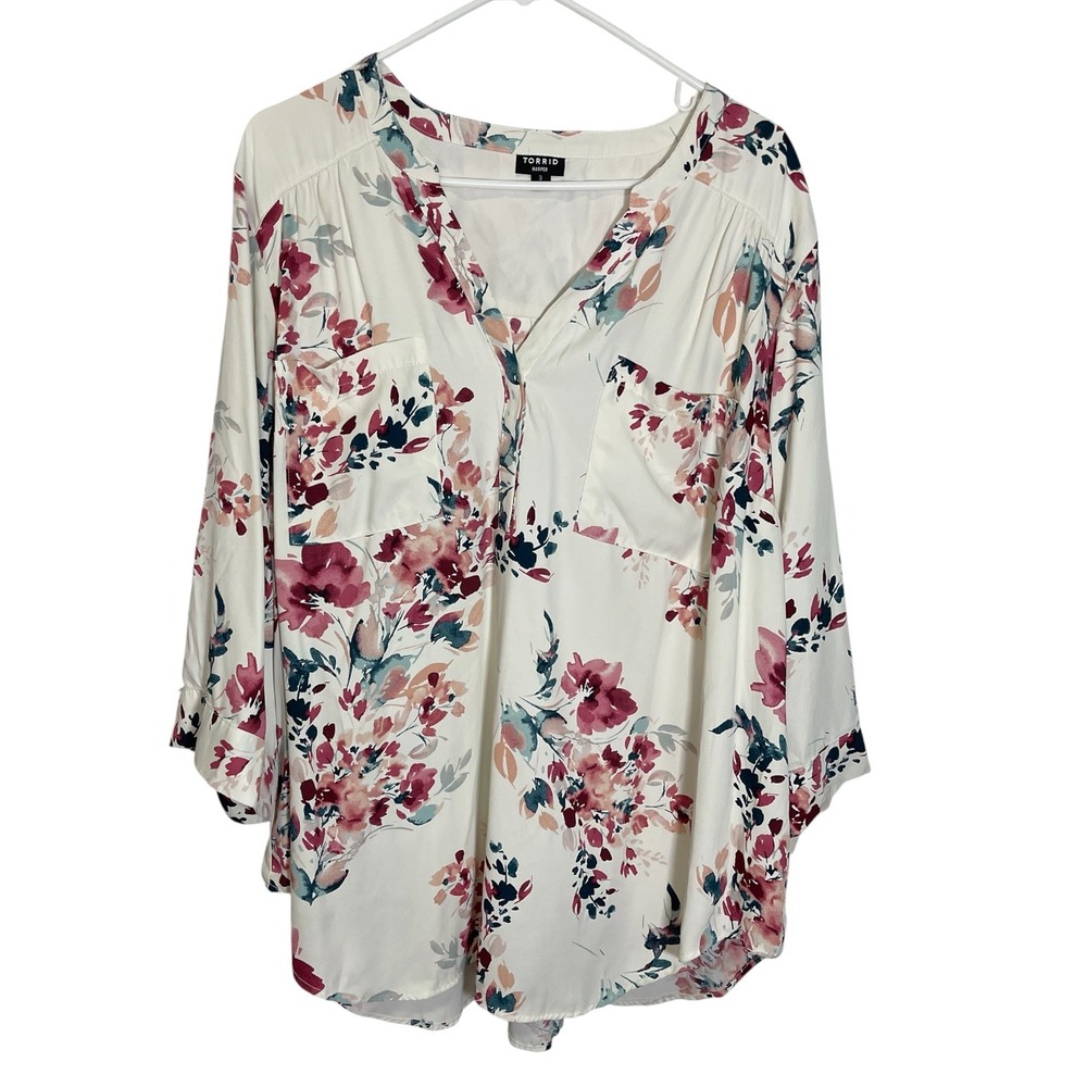 Torrid 3 White Floral Harper Blouse V-Neck 3/4 Sleeve Georgette Boho Romantic